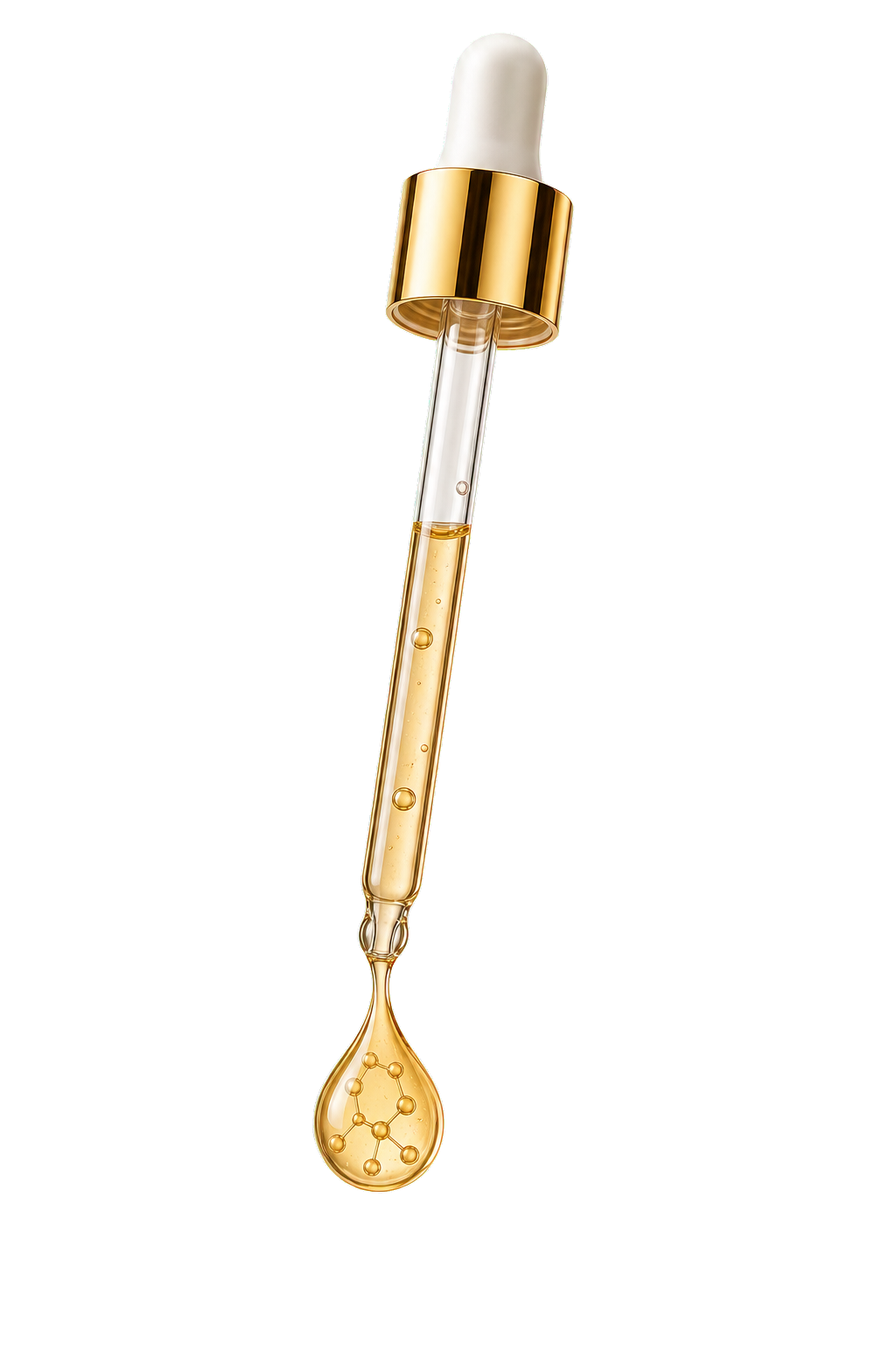Golden cosmetic pipette with a molecular serum droplet